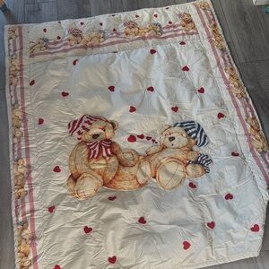 Cozy Teddy Bear Themed Quilt with Red Hearts